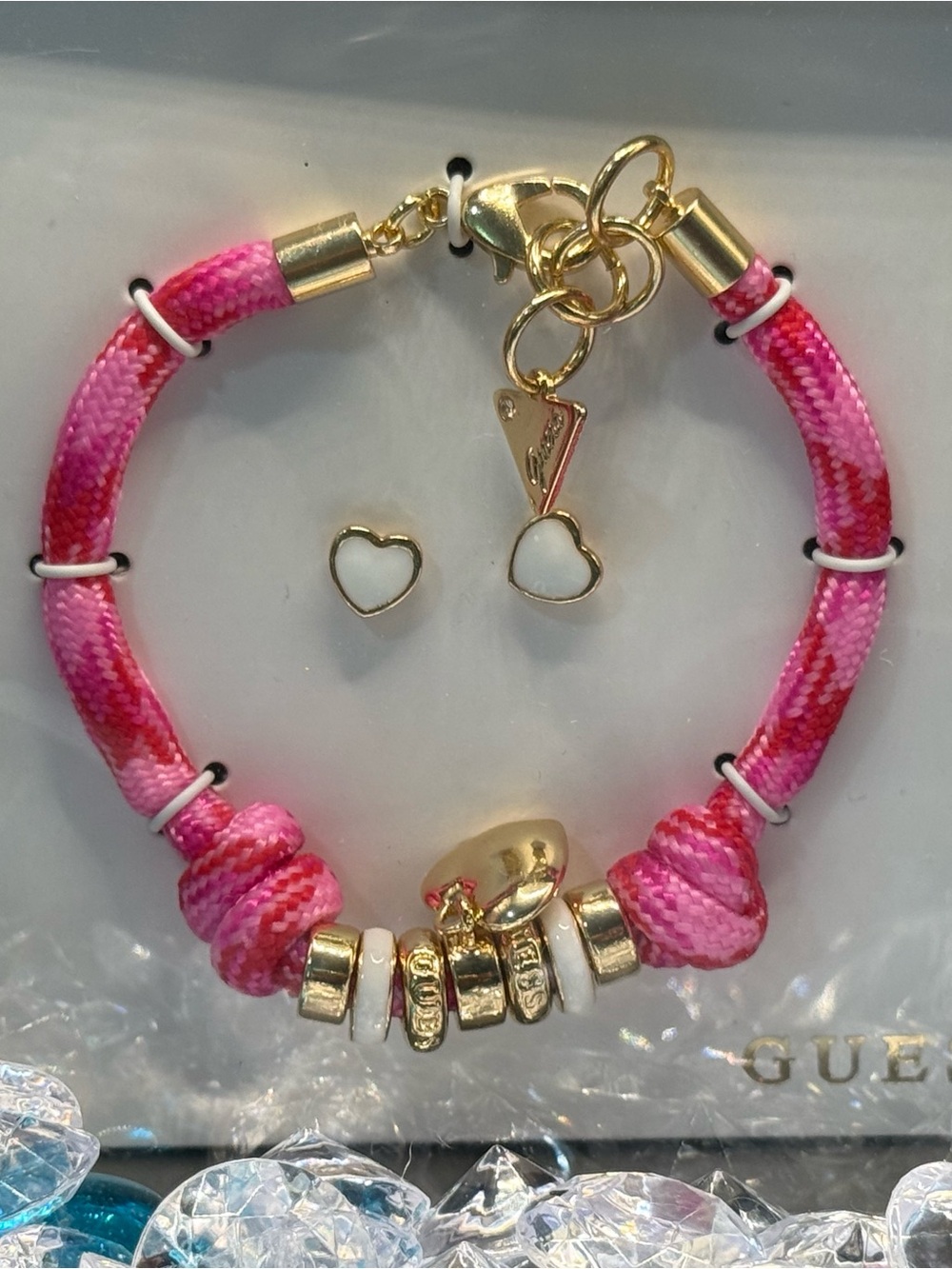 GUESS Pink and White Heart Charm Bracelet with Gold Accents